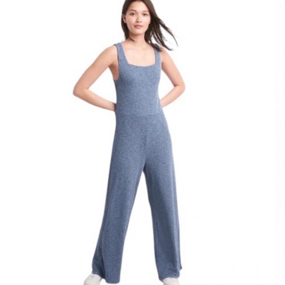 GAP Blue Softspun Ribbed Knit Square Neck Wide Leg Summer Jumpsuit Womens M